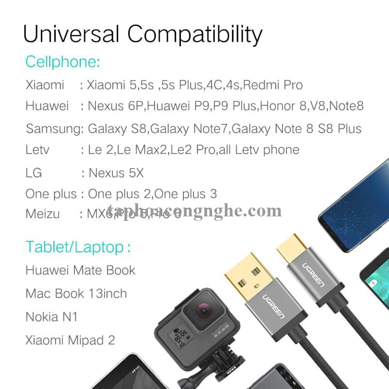 Ugreen 30883 3M 3A Màu Đen Cáp USB TypeC sang USB 2.0 Hỗ trợ sạc nhanh dây bên Nylon US174 30030883